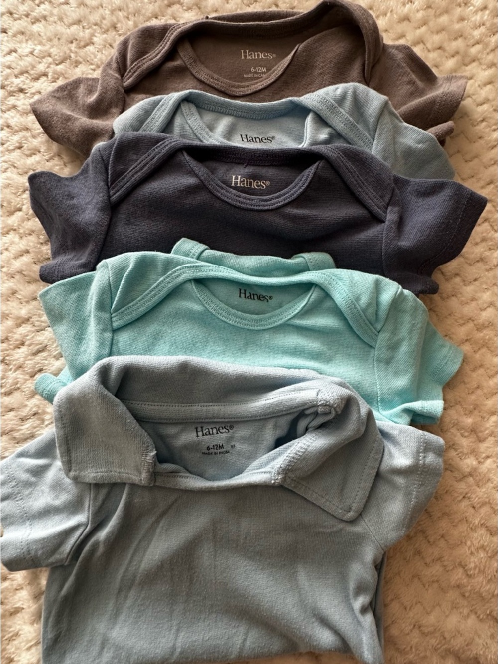 Hanes Baby Short-Sleeve Onesies Pack in Aqua, Light Blue, Navy and Brown